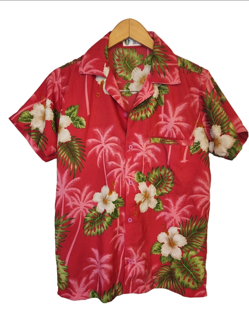 Vintage Tropical Hot Pink Hawaiian Aloha Shirt White Hibiscus Palm Tree   XS
